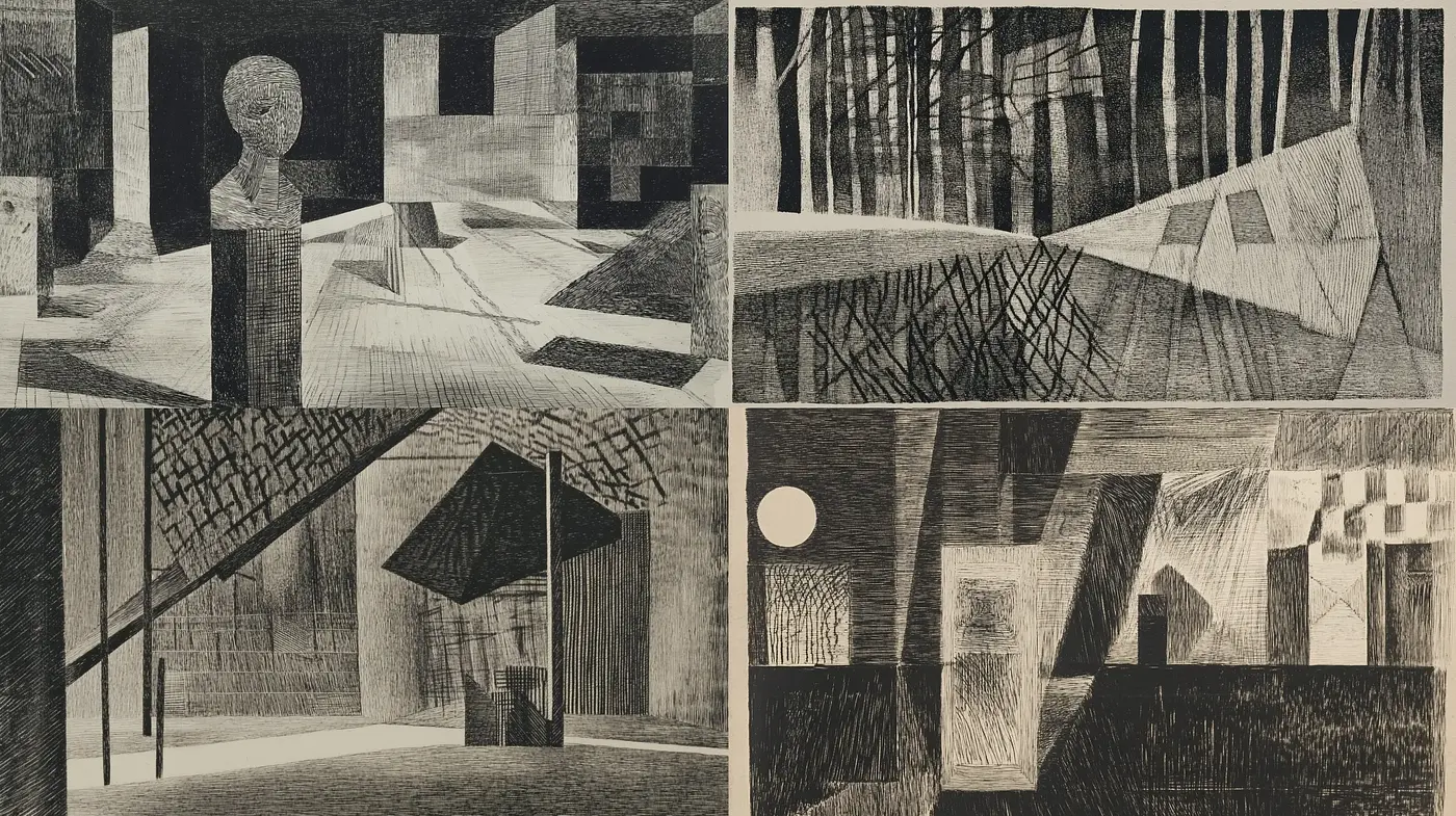 Monochromatic Geometric Abstraction in Visual Narratives - Midjourney sref style