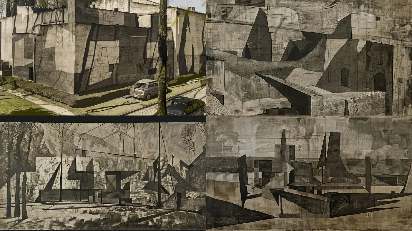 Monochromatic Urban Cubist Dreamscape: A Study in Sepia Tones and Textured Shadows - Midjourney sref style