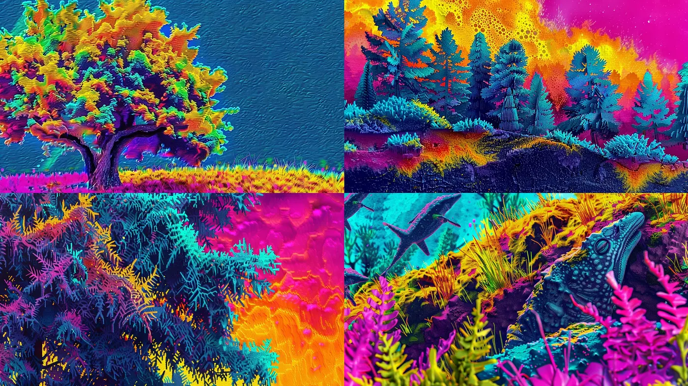 Psychedelic Nature Fusion: A Vivid Journey Through Surreal and Color-Saturated Landscapes - Midjourney sref style