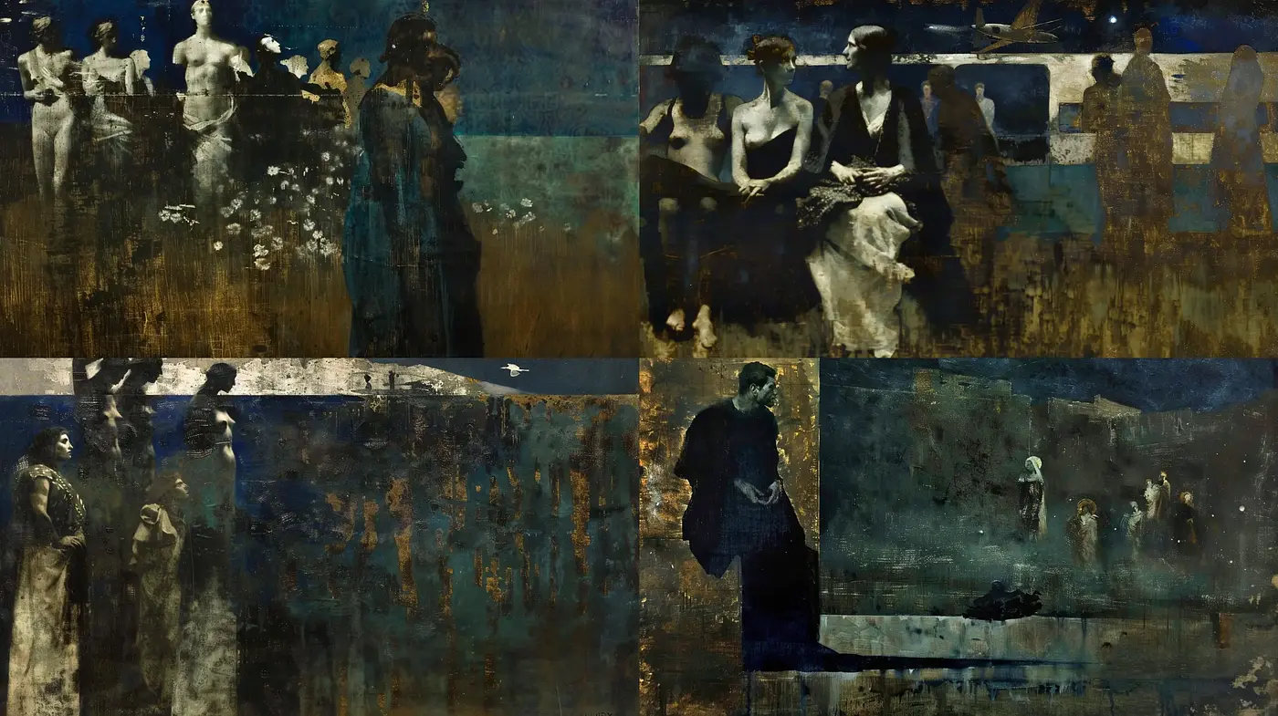 Ethereal Echoes of a Bygone Era: A Dusky Fusion of Aged Textures and Solemn Palettes - Midjourney sref style