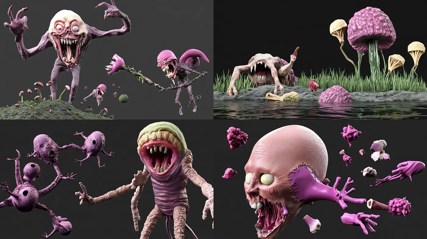 Whimsical and Disturbing Surrealism with Organic Elements - Midjourney sref style