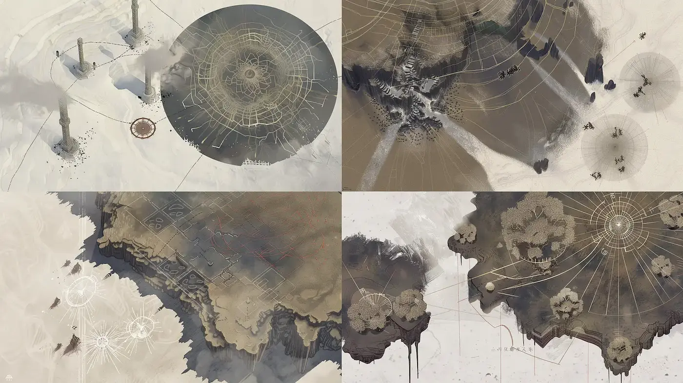 Mysterious and Ethereal Landscapes with Intricate Geometric Patterns - Midjourney sref style