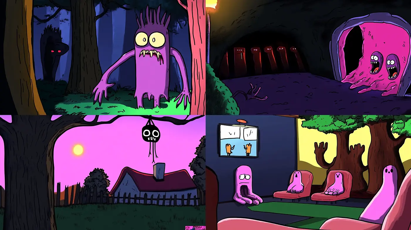 Eerie Twilight Whimsy: A Cartoonish Journey Through a Surreal Palette - Midjourney sref style