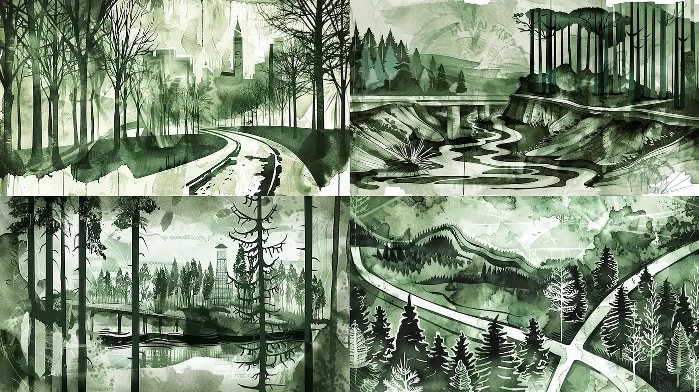 Serene Watercolor Landscapes with a Harmonious Green Palette - Midjourney sref style