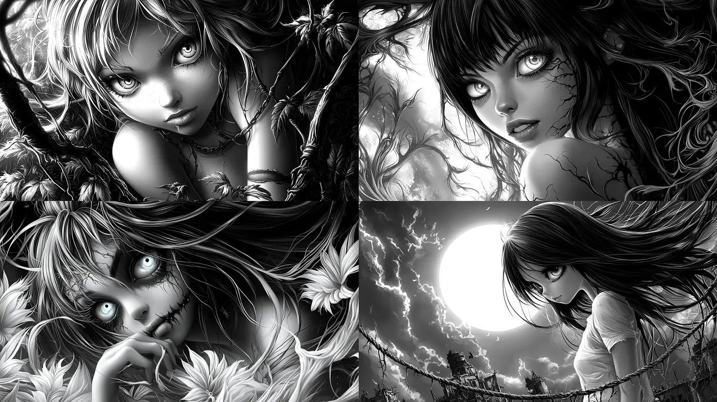 Monochromatic Gothic Fantasy with Surrealist Undertones - Midjourney sref style