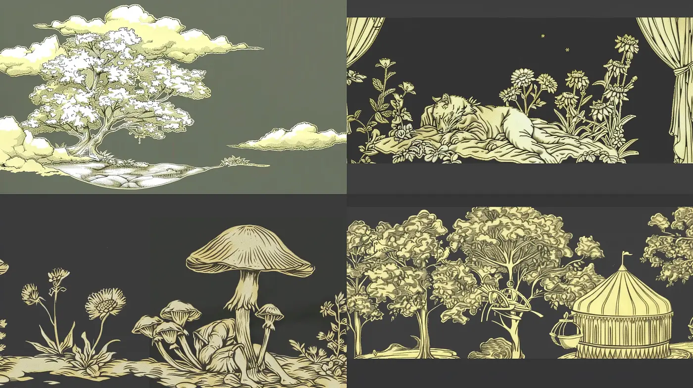 Monochromatic Nature Illustrations in a Stylized Linework - Midjourney sref style