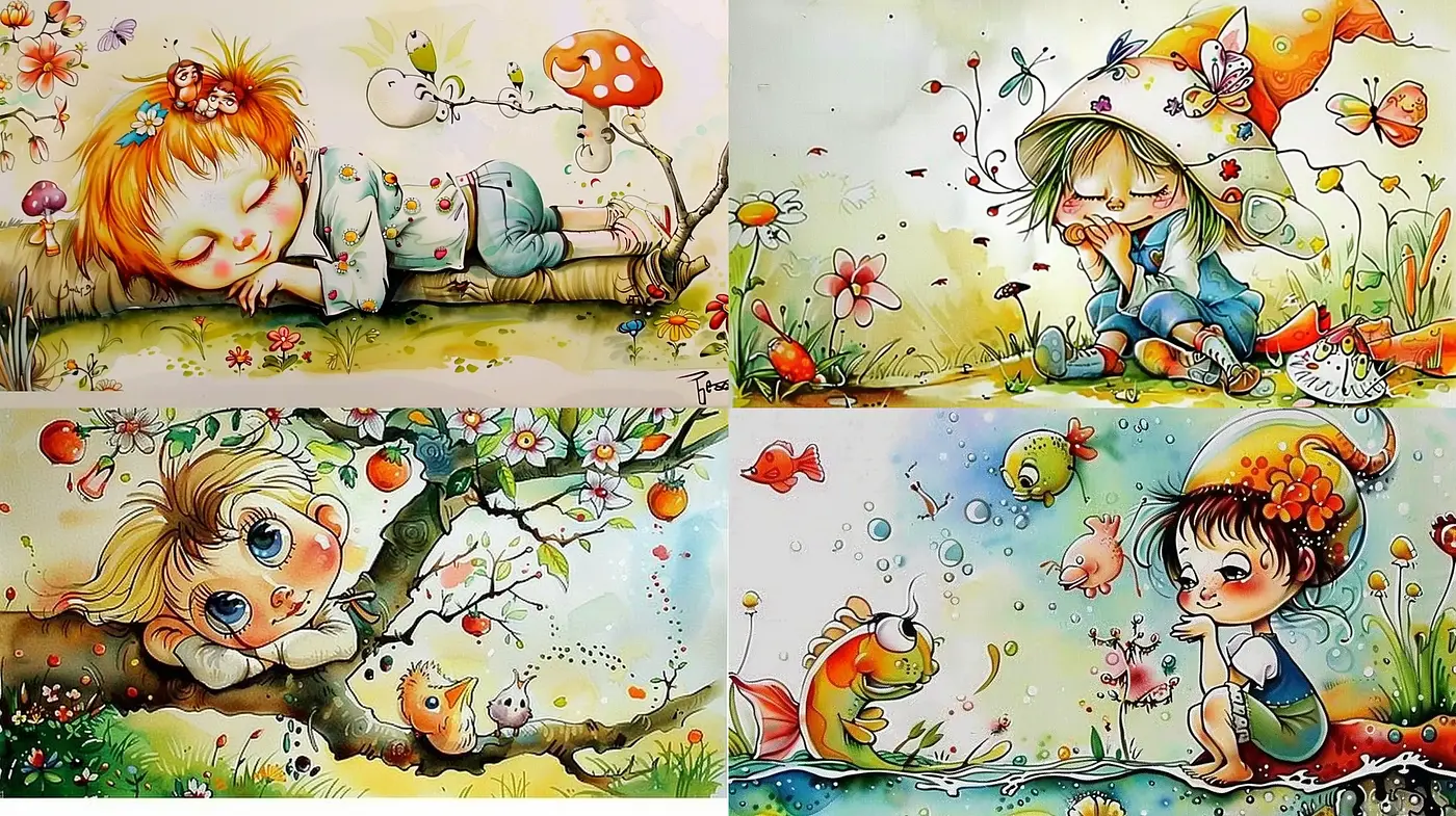 Whimsical Watercolor Dreamscape with Nature and Fantasy Elements - Midjourney sref style