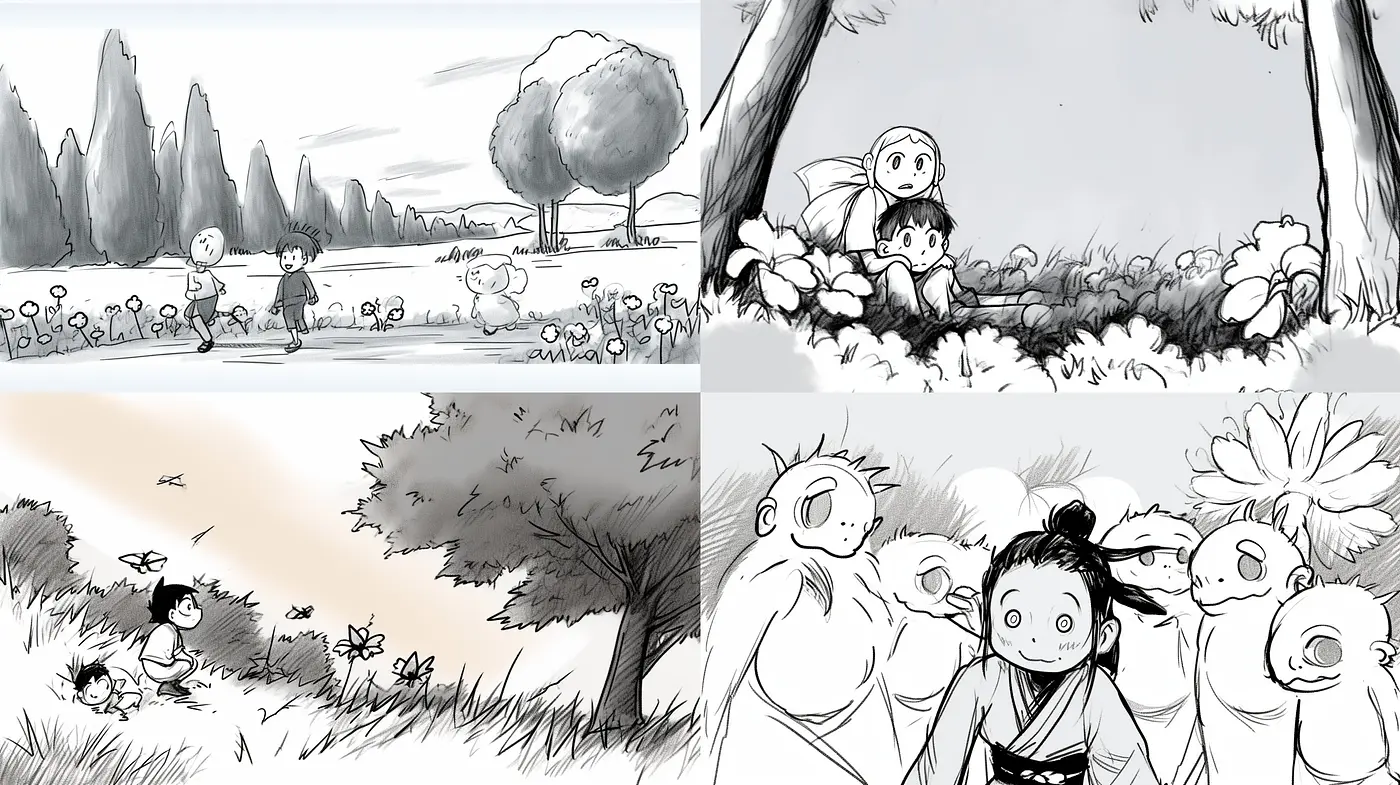 Monochromatic Storybook Interlude: A Homage to Nostalgic Ink and Wash Illustrations - Midjourney sref style