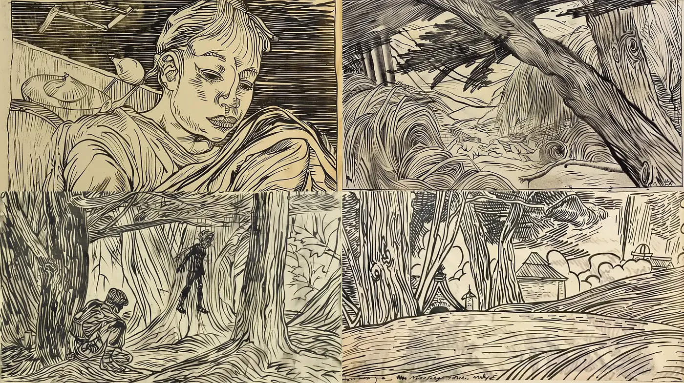 Engraved Woodcut Aesthetic with Homogeneous Sepia Tones - Midjourney sref style