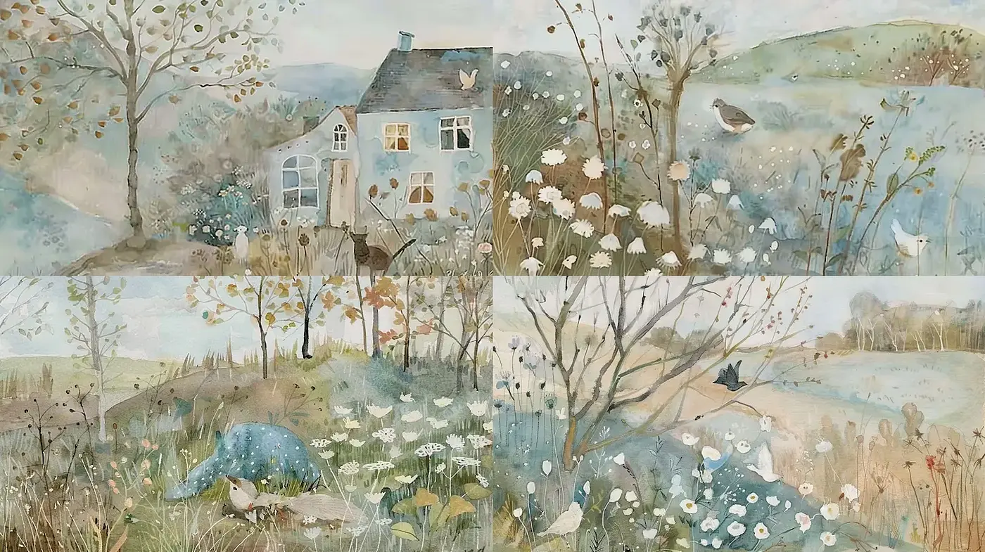 Whimsical watercolor landscape with serene fauna and flora - Midjourney sref style