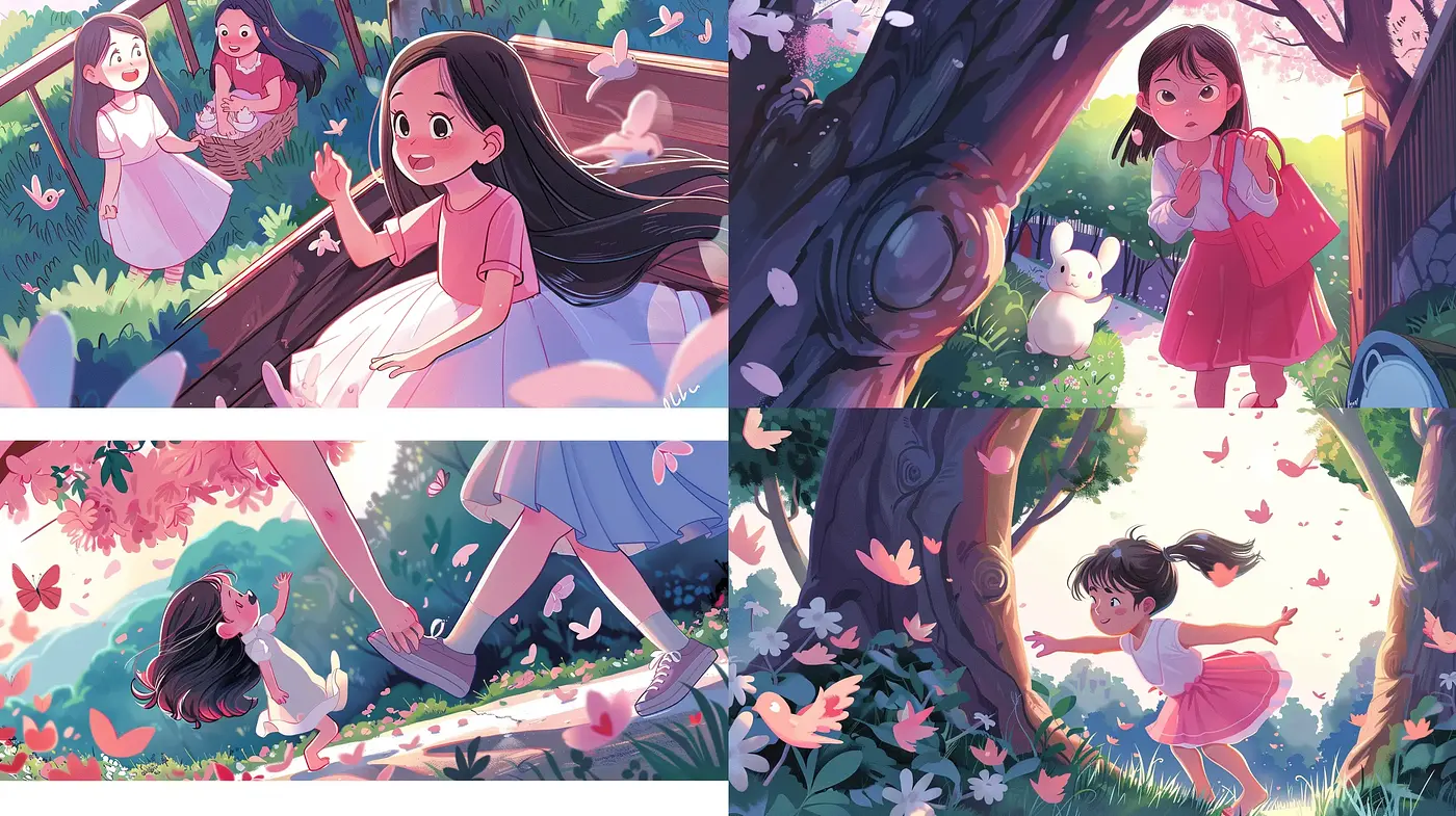 Enchanted Whimsicality in Rosy Hues: A Consistent Vision of Innocent Childlike Exploration - Midjourney sref style