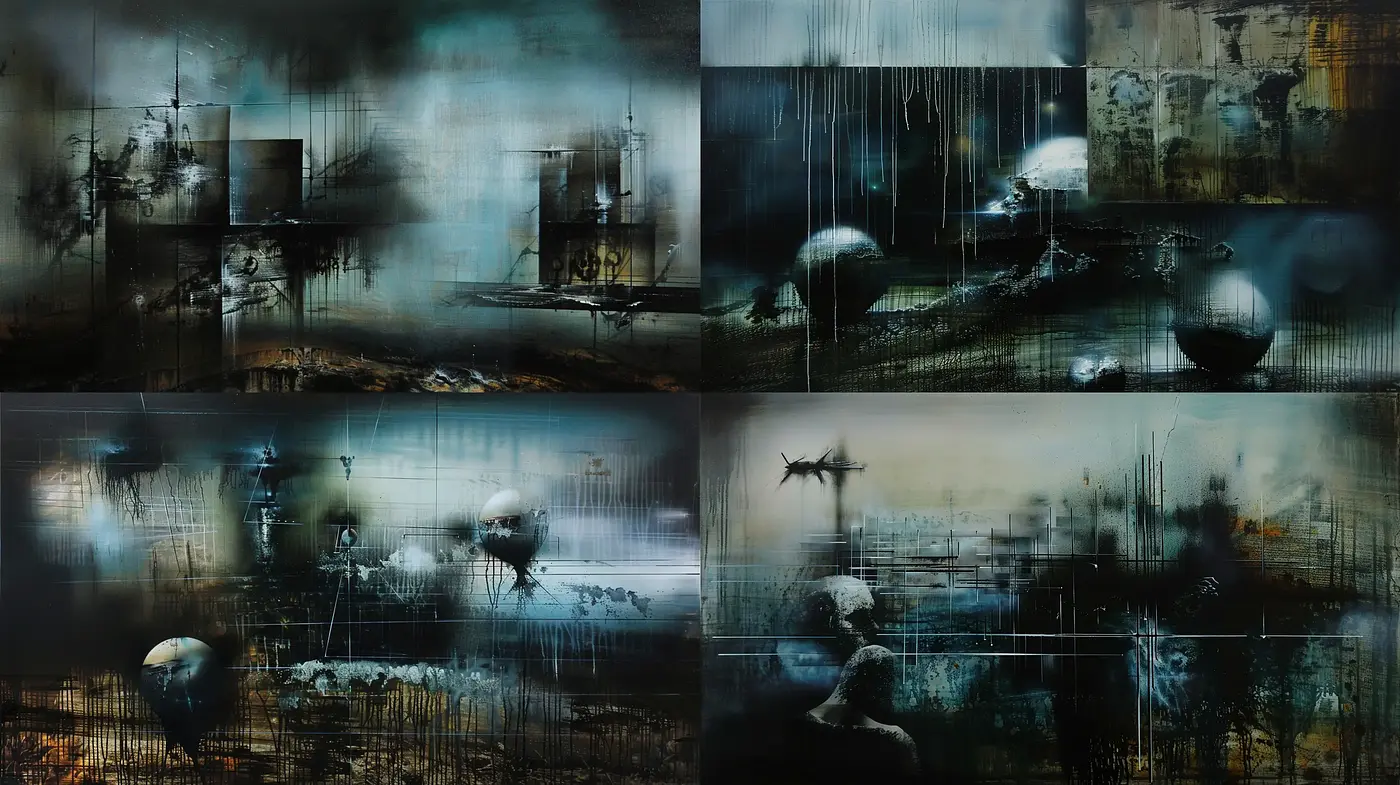 Ethereal Dystopian Noir: Textured Darkness and Whispered Secrets - Midjourney sref style