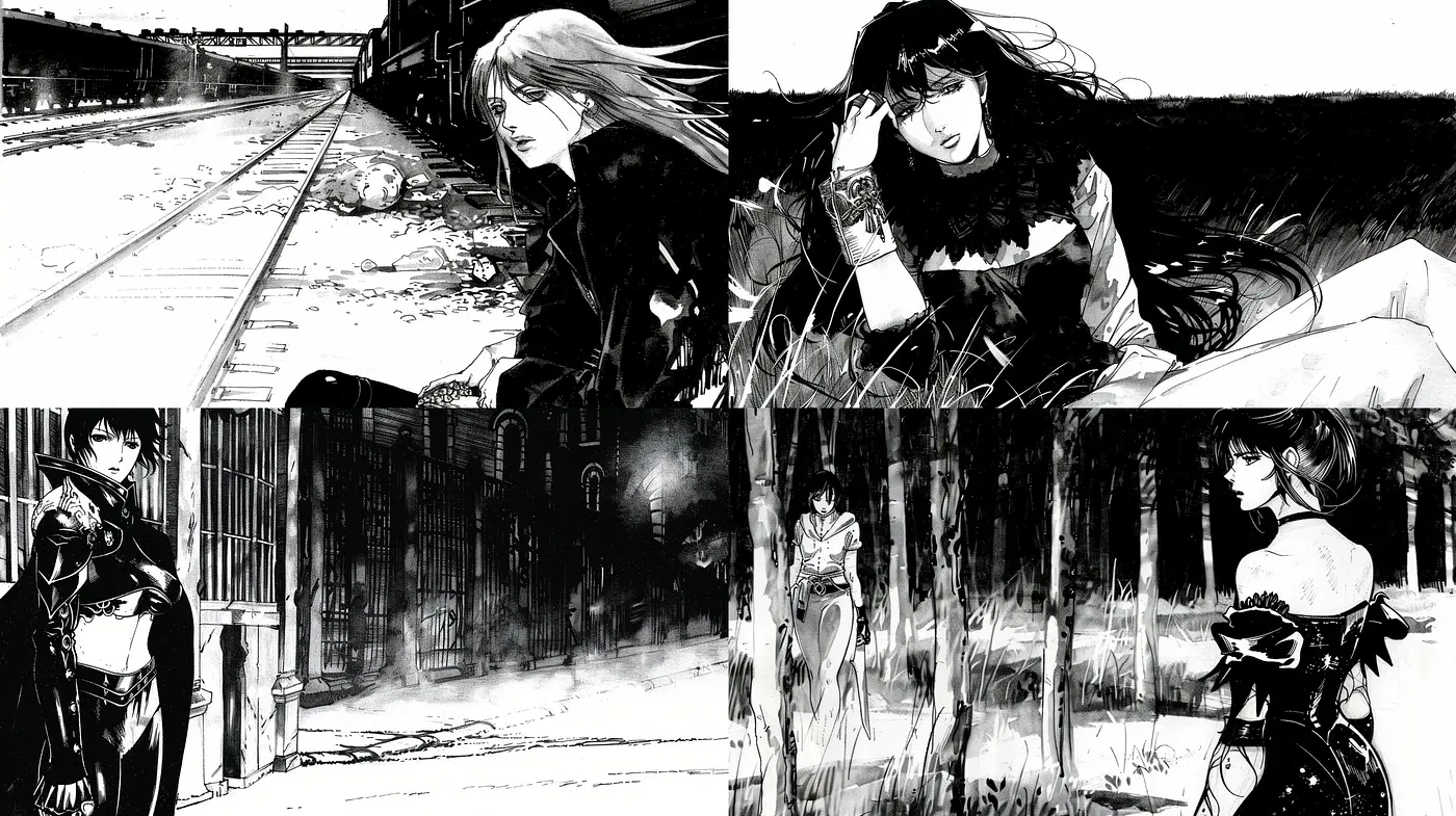 Monochrome Elegance: Exploring the Stylized Unity of High Contrast Noir in Illustrations - Midjourney sref style