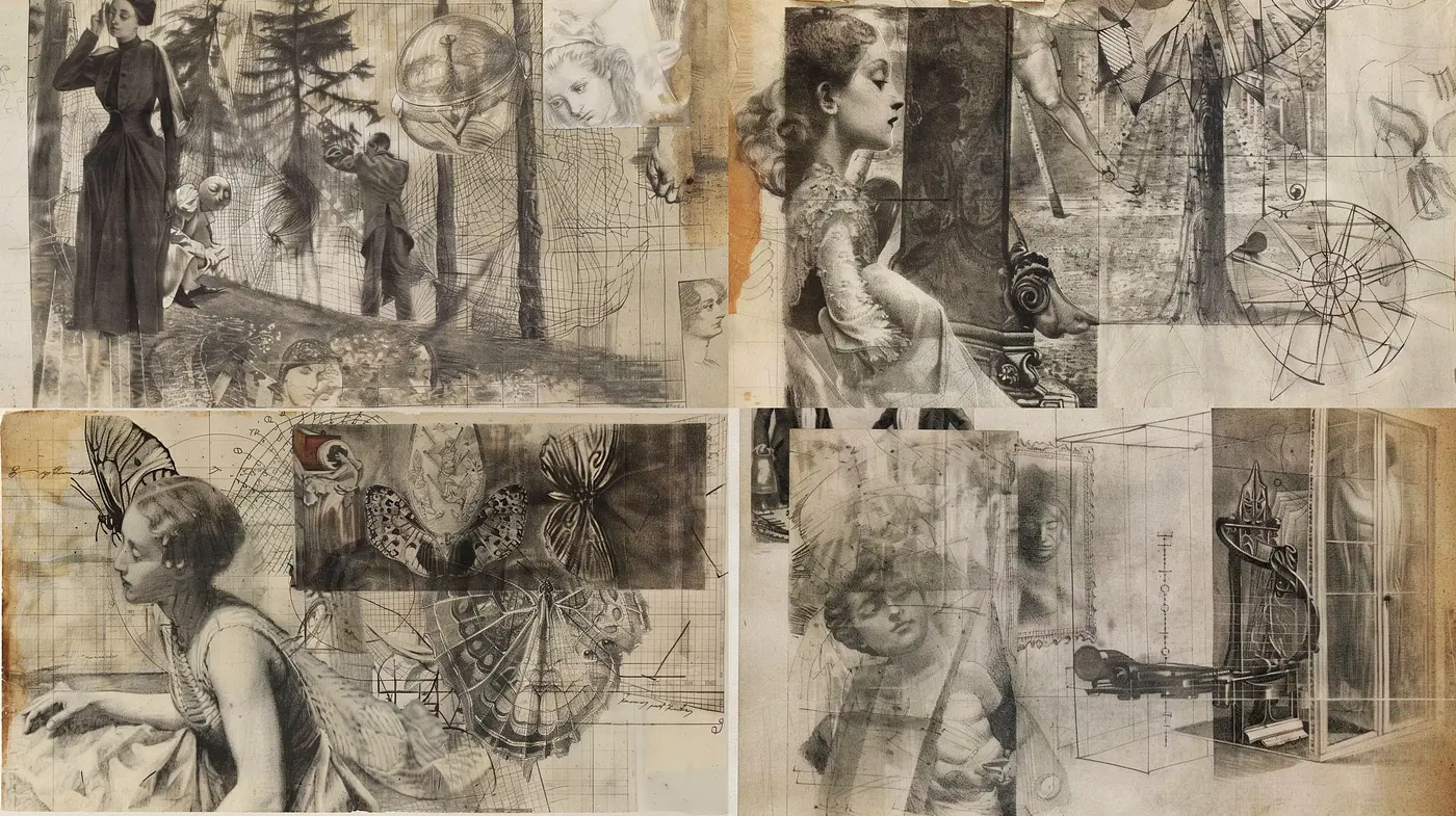Vintage Sepia-toned Collage with Geometric and Scientific Motifs - Midjourney sref style