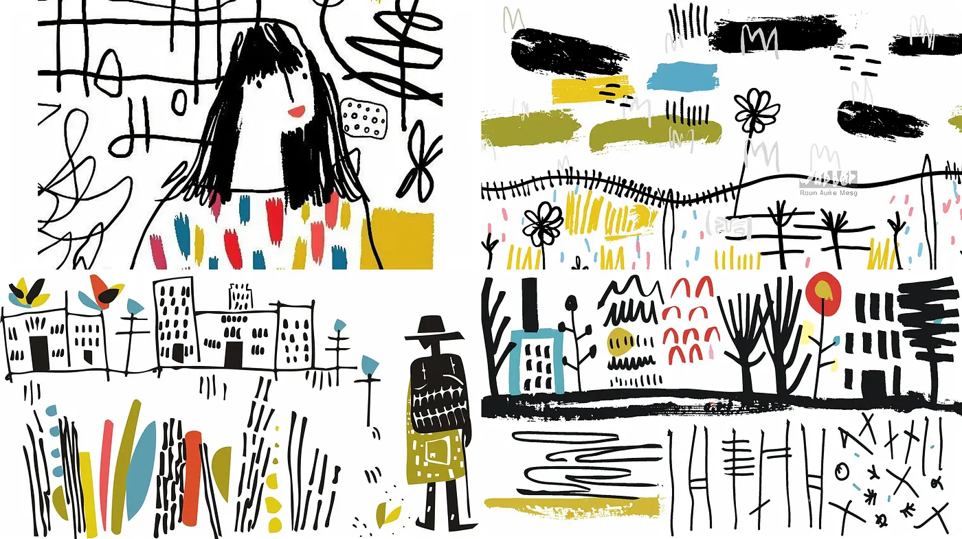 Scribbled Whimsy: A Fusion of Naïve Artistry and Expressive Abstraction - Midjourney sref style
