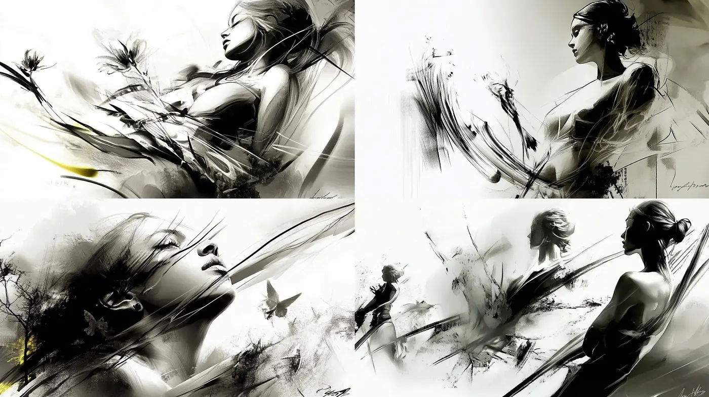 Ephemeral Brushstrokes: A Fusion of Dynamic Abstraction and Monochromatic Harmony - Midjourney sref style