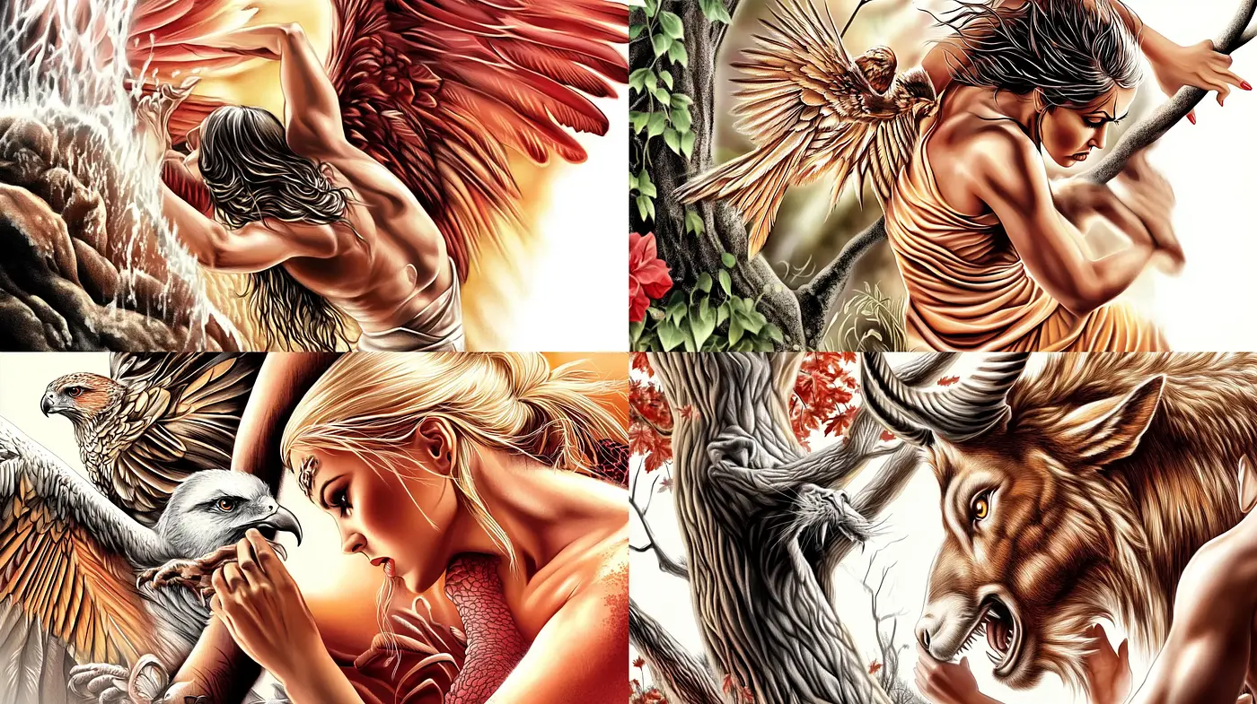 Dynamic Human-Animal Synergy in Vivid Illustrative Art - Midjourney sref style