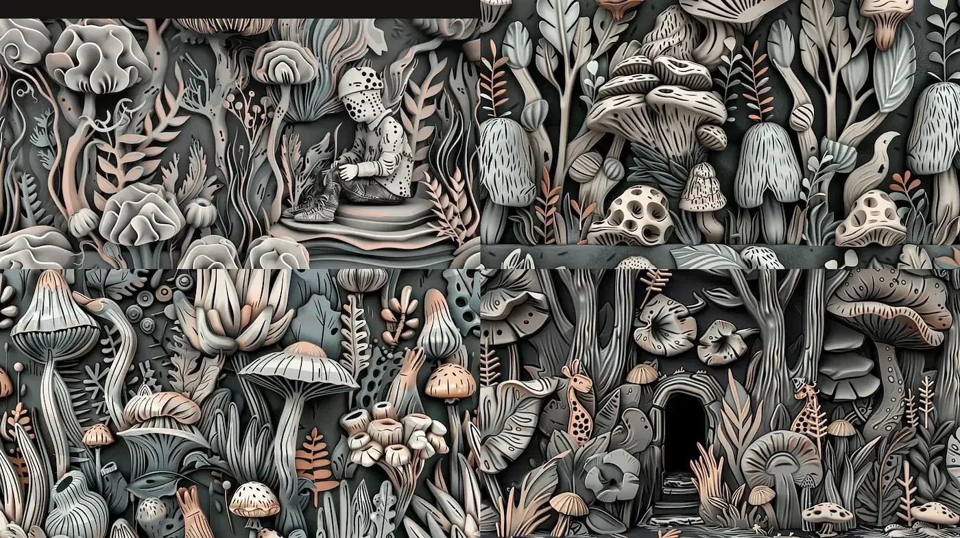 Intricate Textured Landscapes with Whimsical Flora and Fauna - Midjourney sref style