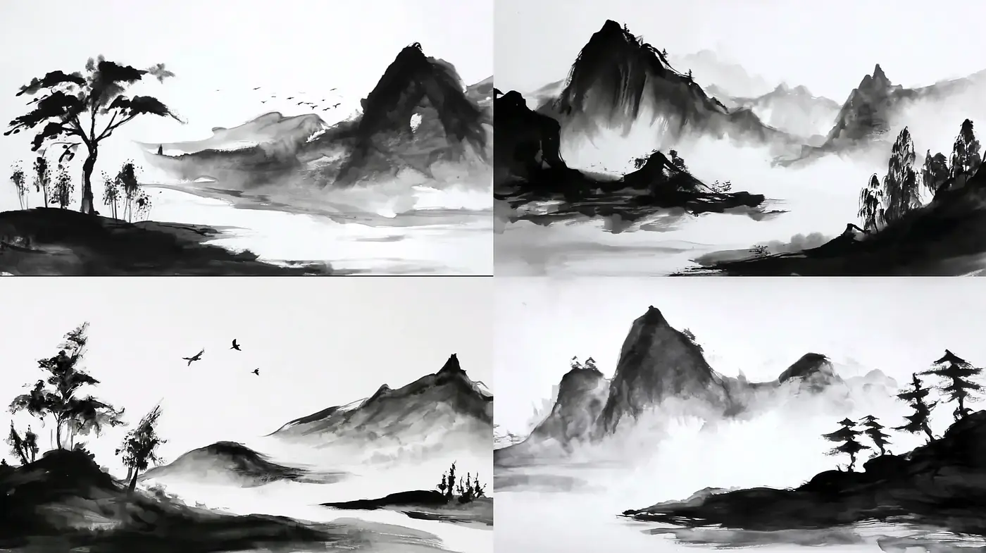 Elegant and Minimalistic Ink Wash Landscape Style - Midjourney sref style
