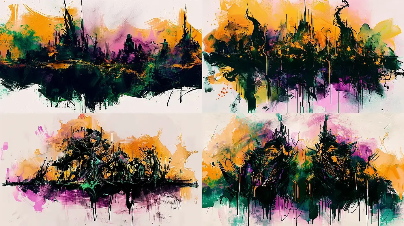 Abstract landscape art with vibrant contrasts and dynamic textures - Midjourney sref style