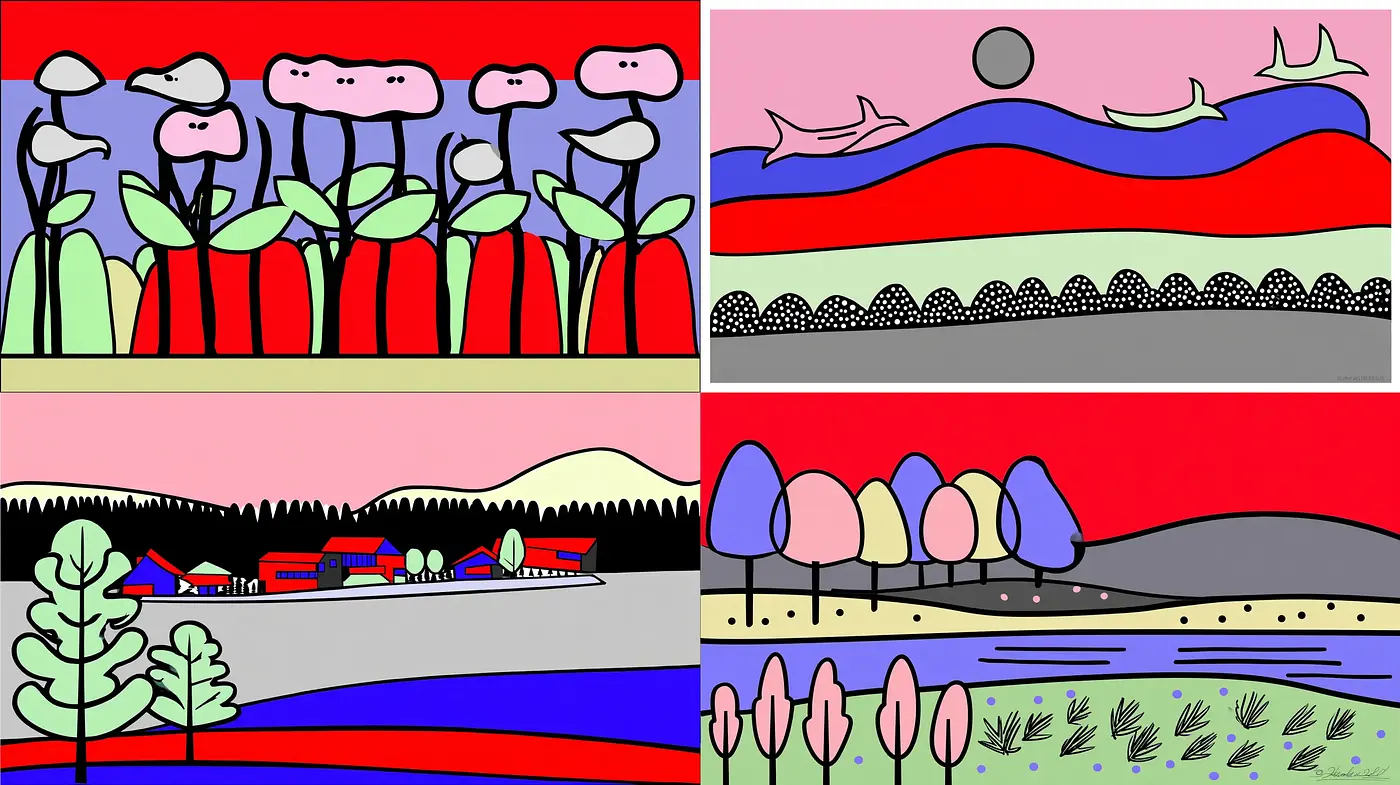 Vibrant and Playful Geometric Landscape with Floral Elements - Midjourney sref style