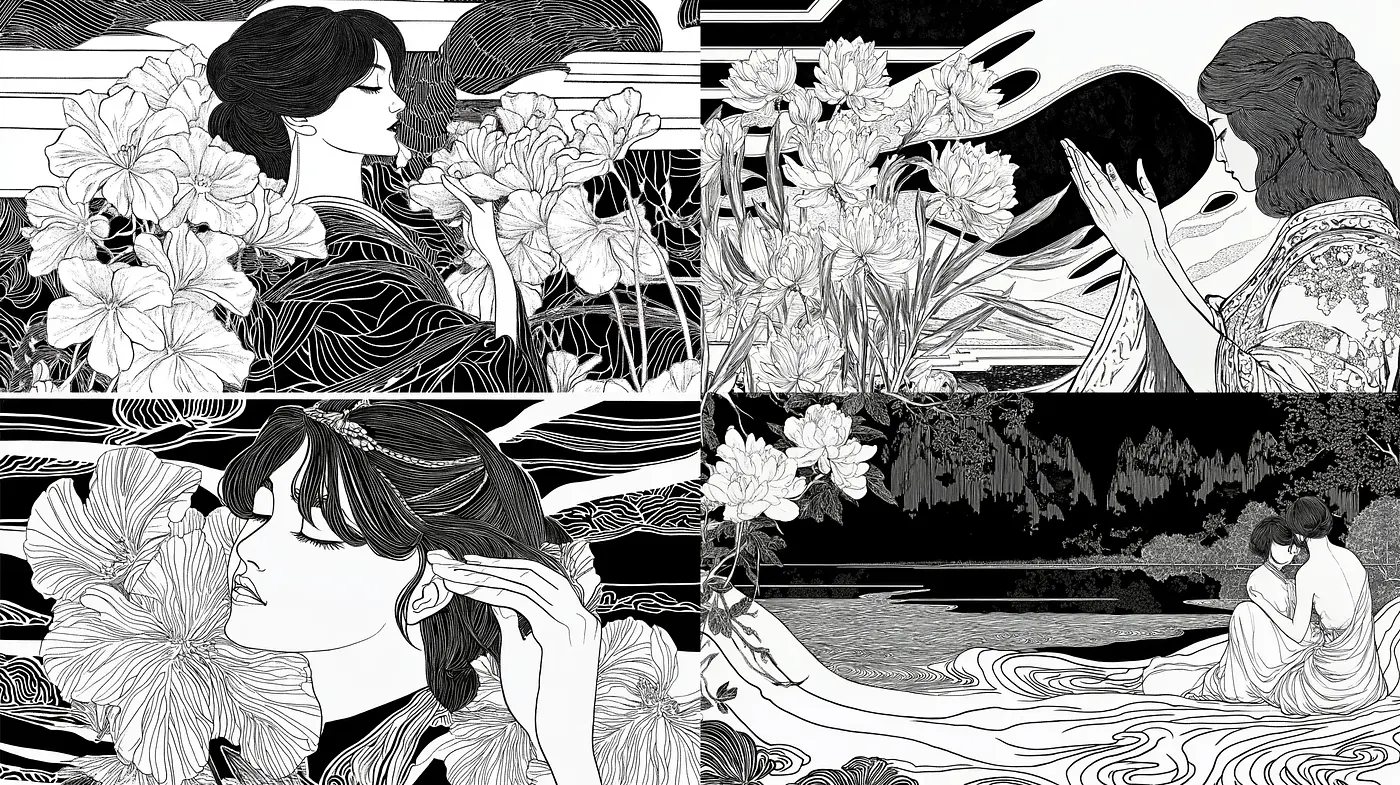 Monochromatic Elegance: A Homage to Art Nouveau and Ink Wash Illustrations - Midjourney sref style