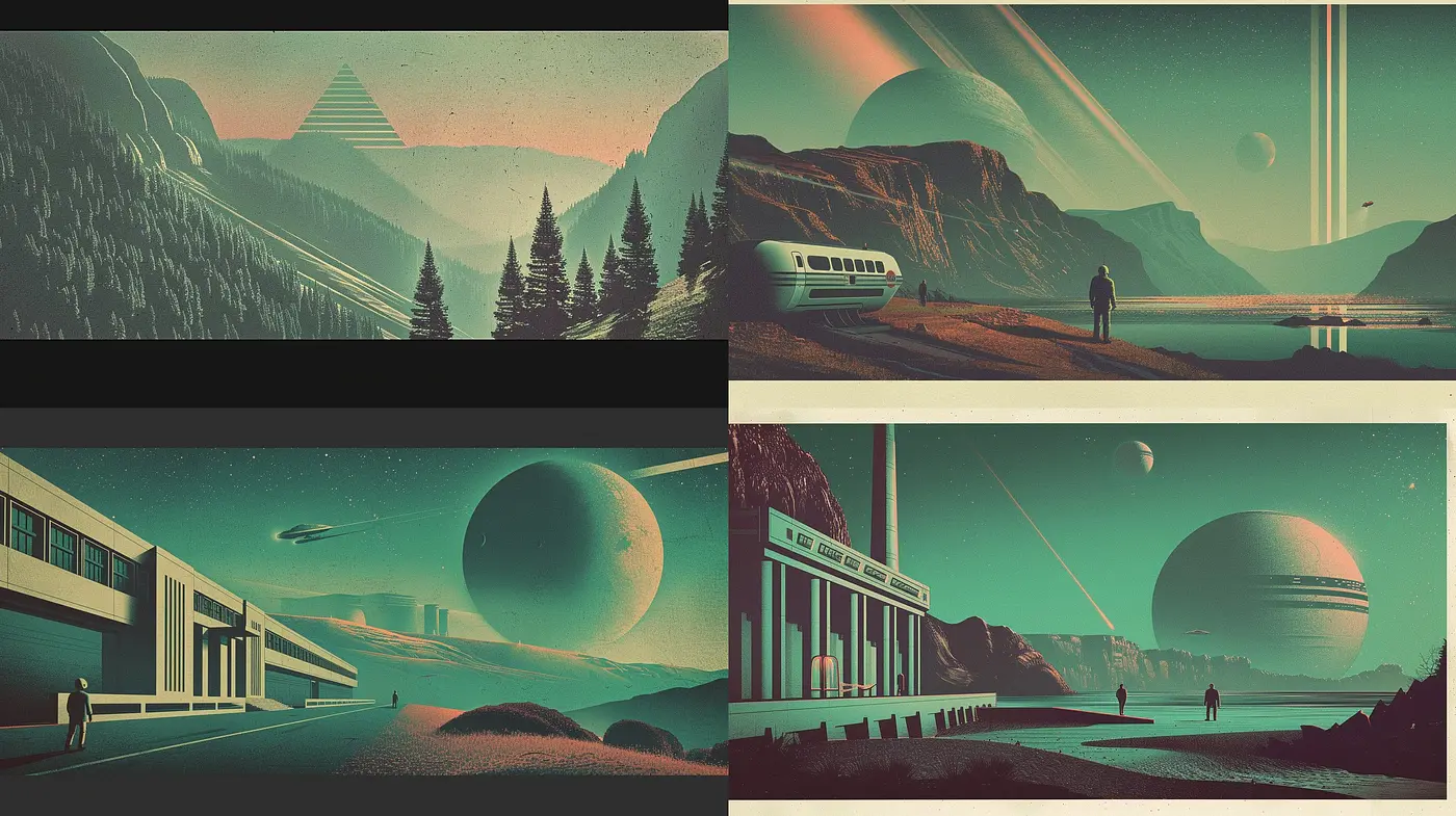 Retro Futuristic Dreamscape: A Synthesis of Nostalgic Visions and Neon Hues - Midjourney sref style