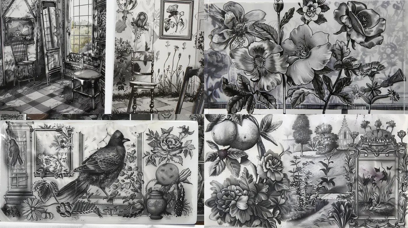 Monochromatic Botanical Illustration Fusion - Midjourney sref style