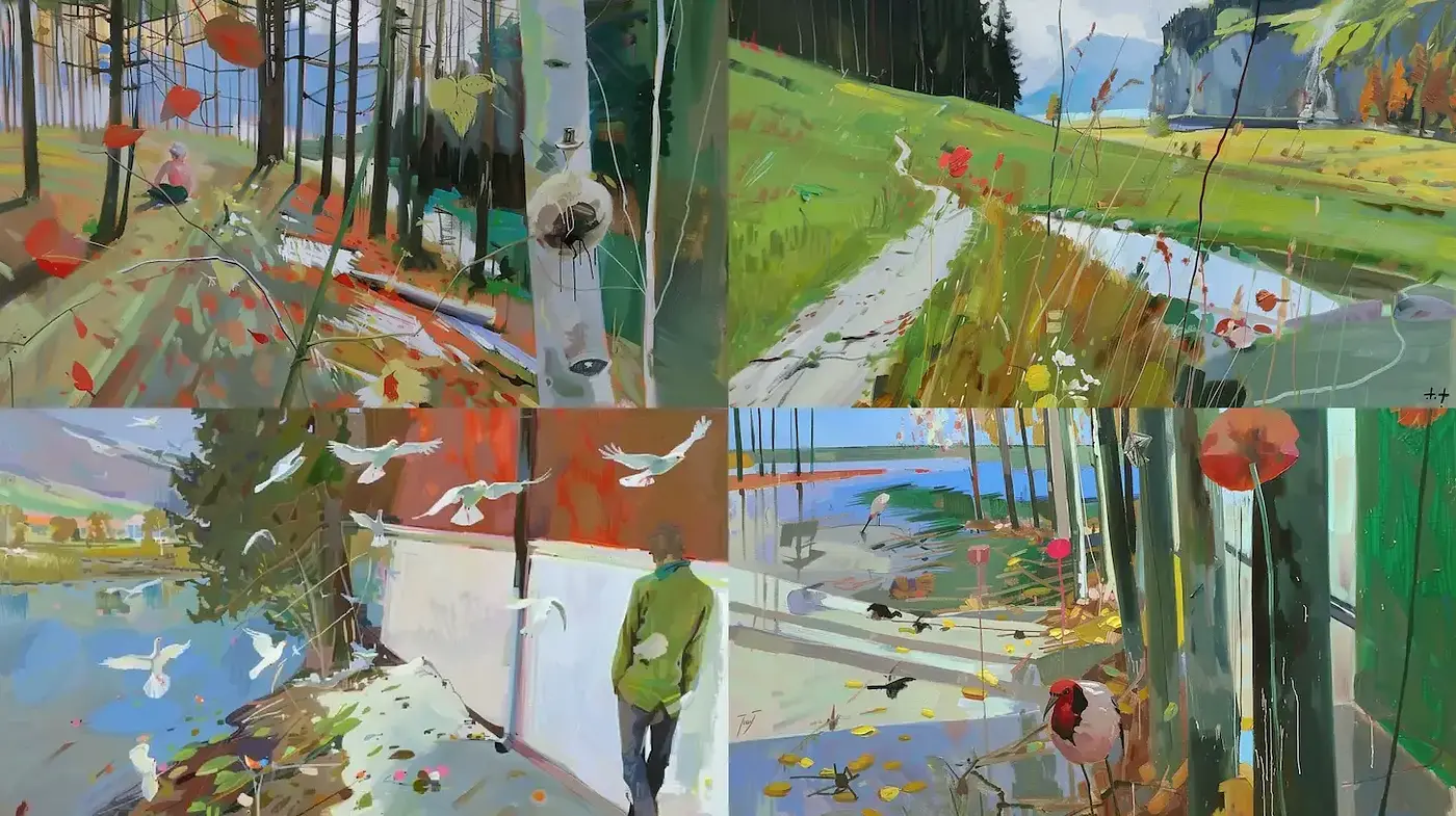 Vivid and Dynamic Landscape Art with a Touch of Impressionism - Midjourney sref style