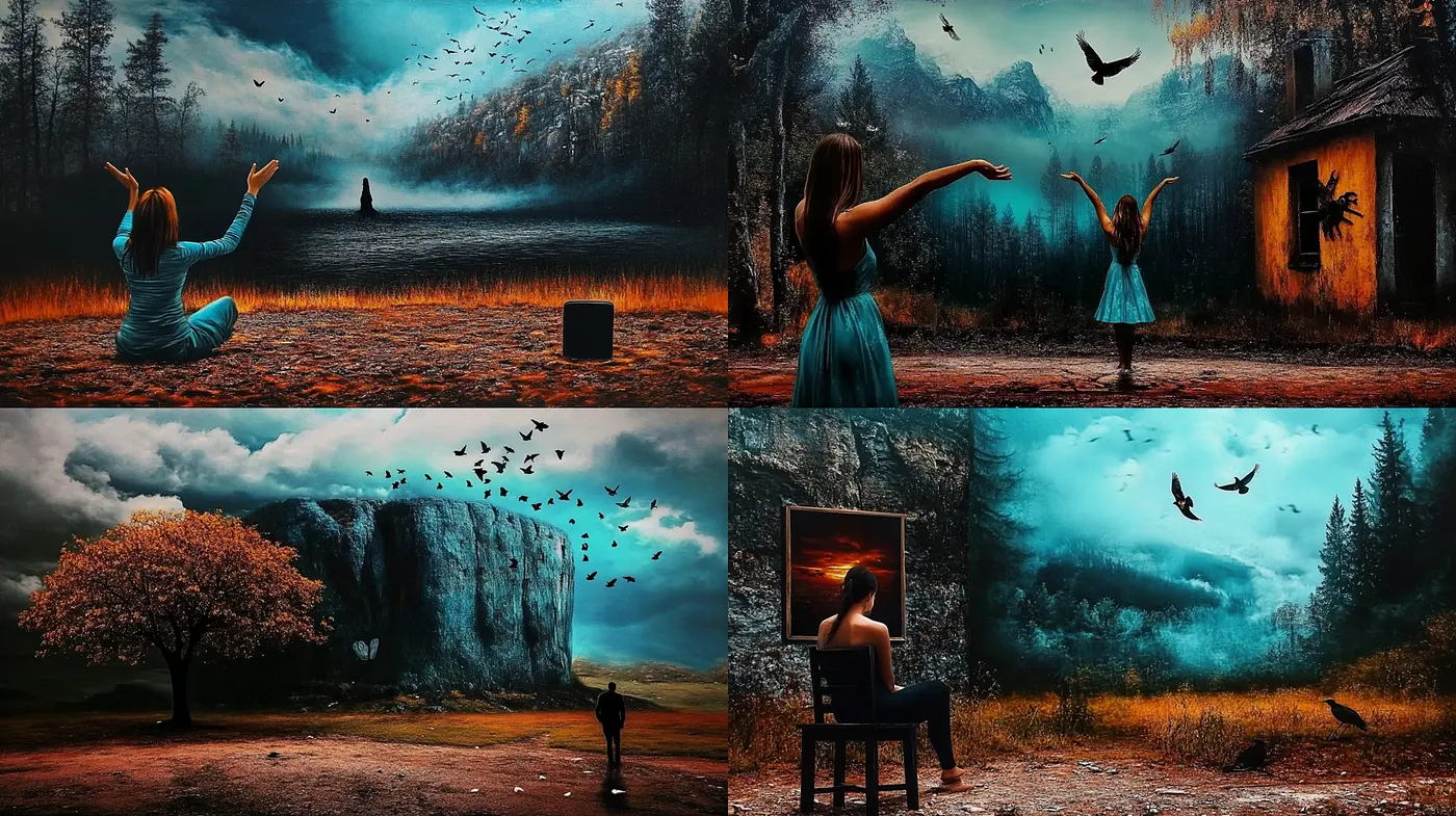 Surreal and Atmospheric Landscape with Expressive Figures - Midjourney sref style