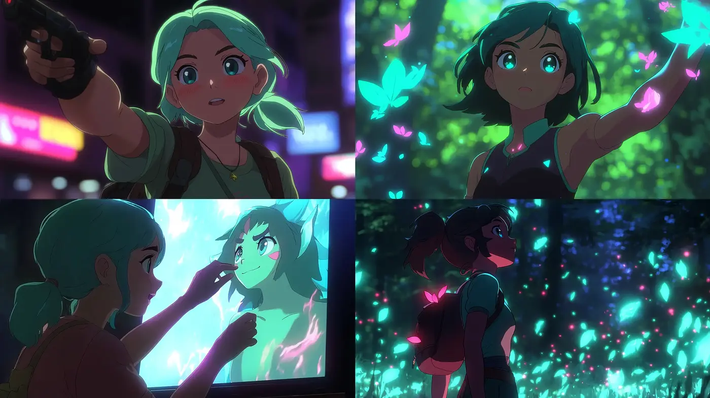 Luminous Dreamscape: A Harmonious Fusion of Anime Grace and Neon Glow - Midjourney sref style
