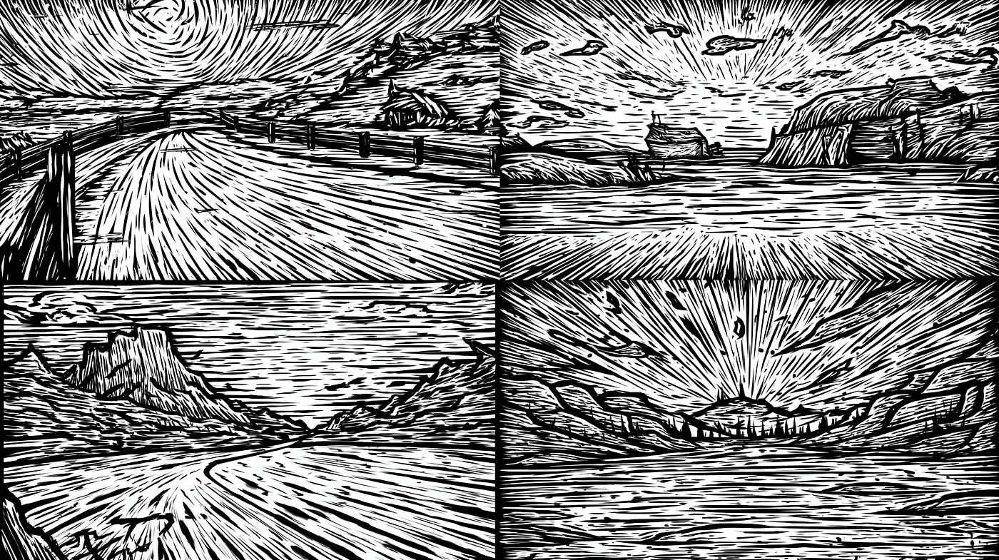 Dynamic Black and White Landscape Illustrations with Woodcut Influence - Midjourney sref style