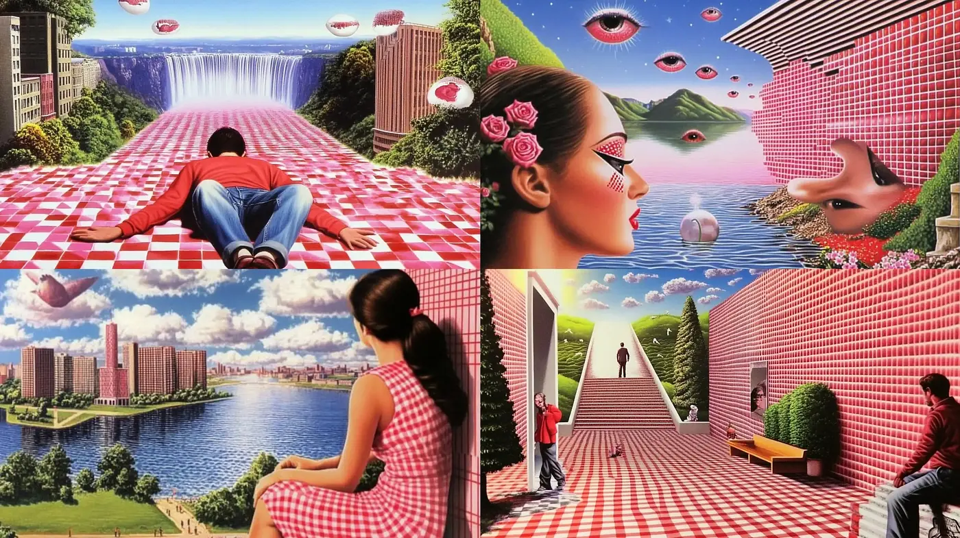 Surrealist Dreamscape with Checkerboard Motif and Vibrant Tones - Midjourney sref style