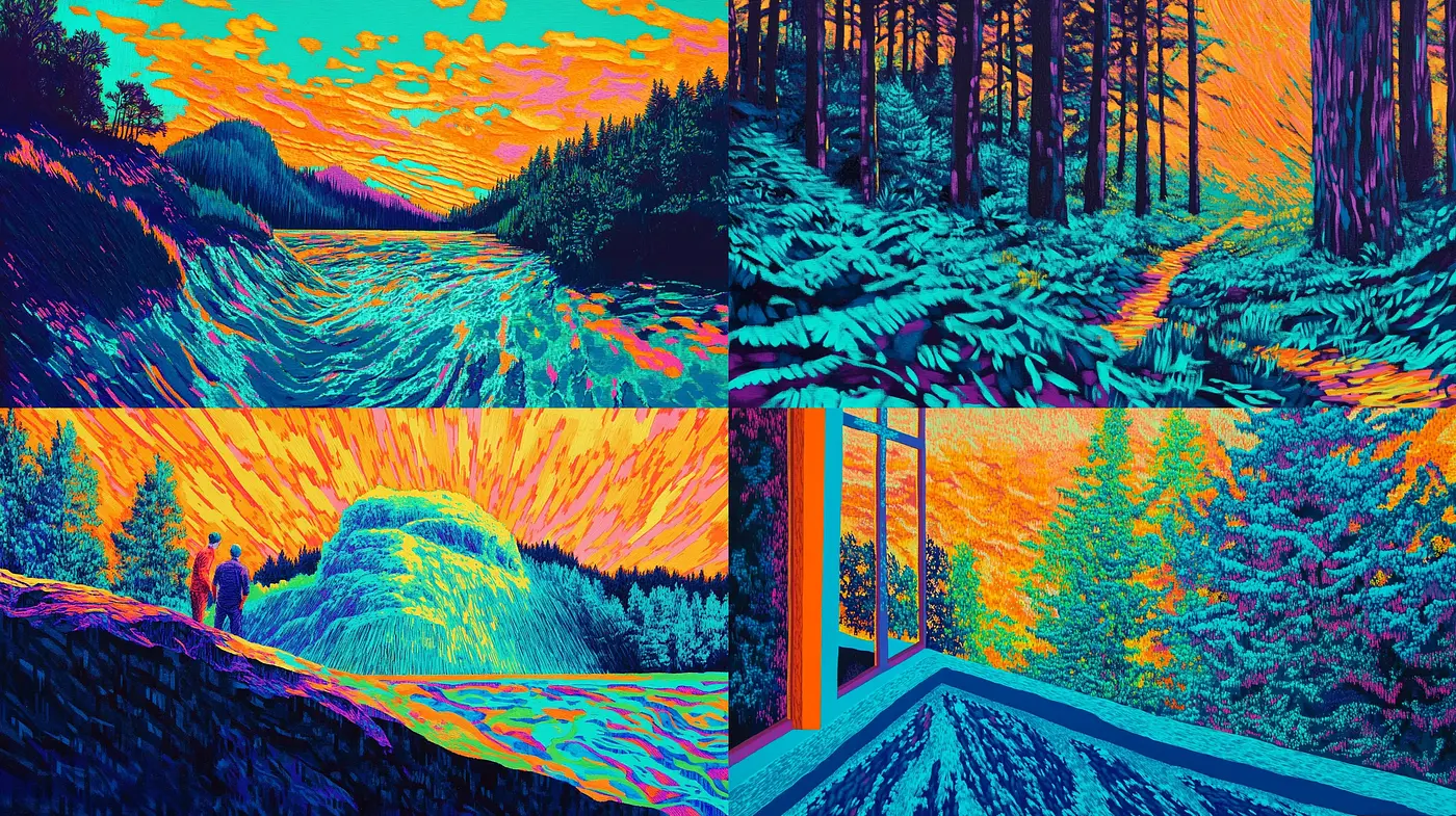 Psychedelic Nature Panoramas: A Vivid Dreamlike Landscape Collection - Midjourney sref style