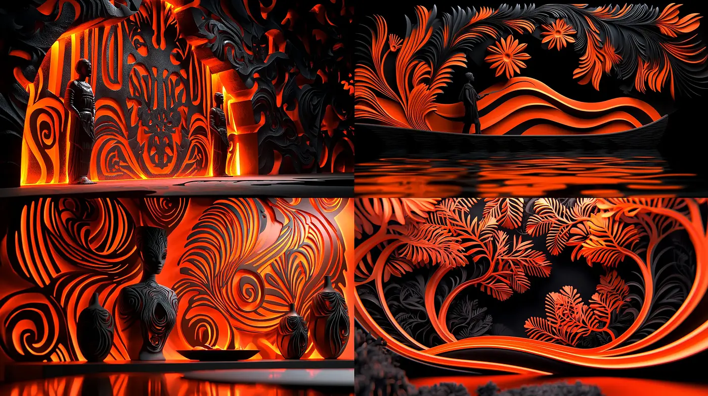 Fiery Elegance in Art Nouveau: A Study in Ornate Organic Forms and Luminous Amber Hues - Midjourney sref style