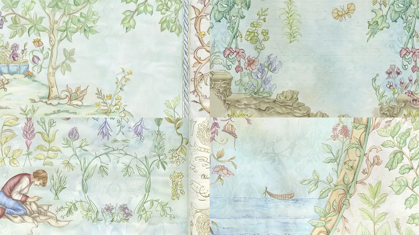 Pastoral Elegance: An Homage to Classic Toile de Jouy in Watercolor Hues - Midjourney sref style