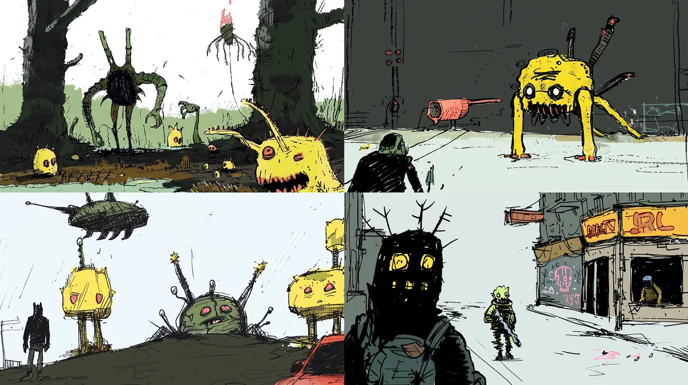 Whimsical Post-Apocalyptic Vignettes with a Gritty Graphic Novel Aesthetic - Midjourney sref style