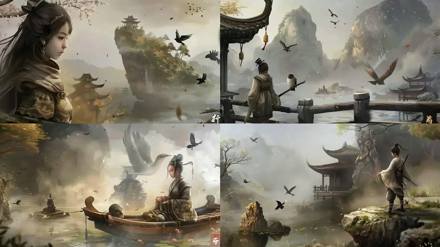 Misty Eastern Vista: A Harmonious Blend of Traditional Asian Scenery and Ethereal Hues - Midjourney sref style