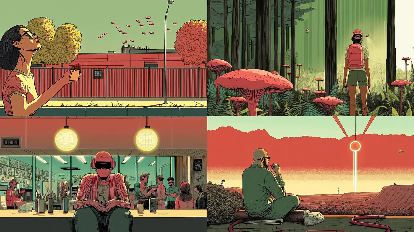 Sunset Hues and Clear Line Illustrative Storyboards - Midjourney sref style
