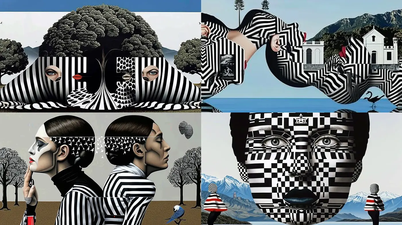 Monochrome Illusions with Surreal Op Art Influence - Midjourney sref style