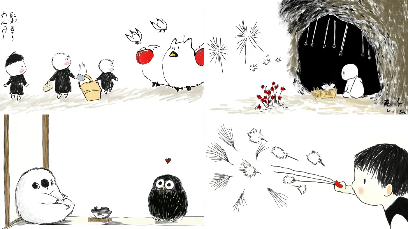 Whimsical Simplicity in Monochrome with Pops of Red - Midjourney sref style