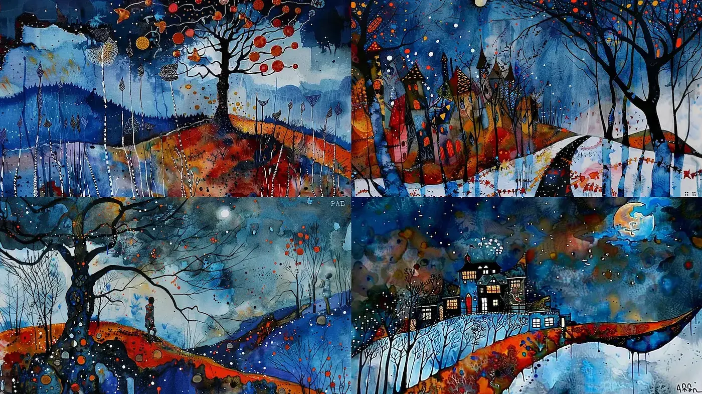 Dynamic Watercolor Landscapes with Vibrant Autumn and Night Themes - Midjourney sref style
