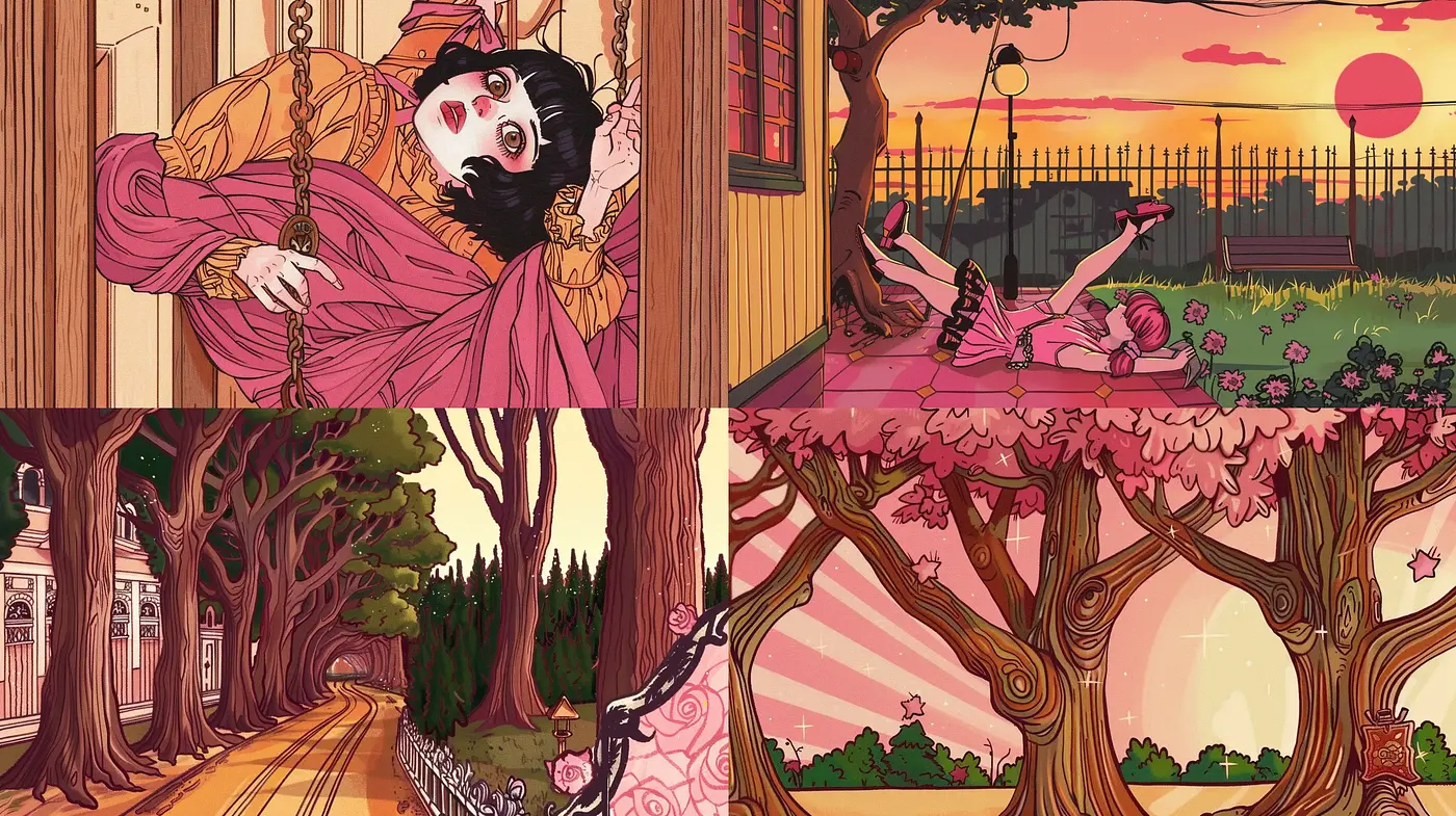Whimsical Twilight Reverie in Stylized Comic Illustration - Midjourney sref style