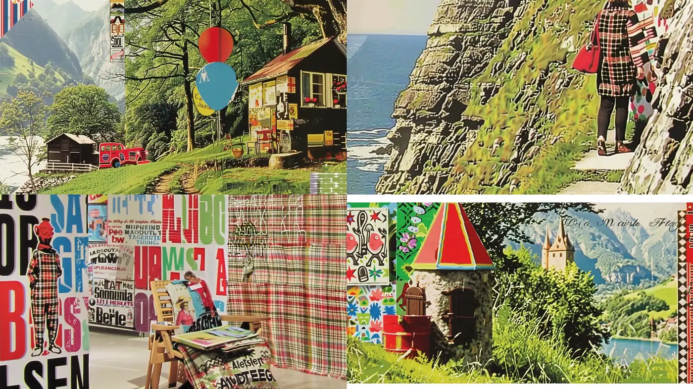 Eclectic Collage of Vivid Textures and Pastoral Scenes - Midjourney sref style