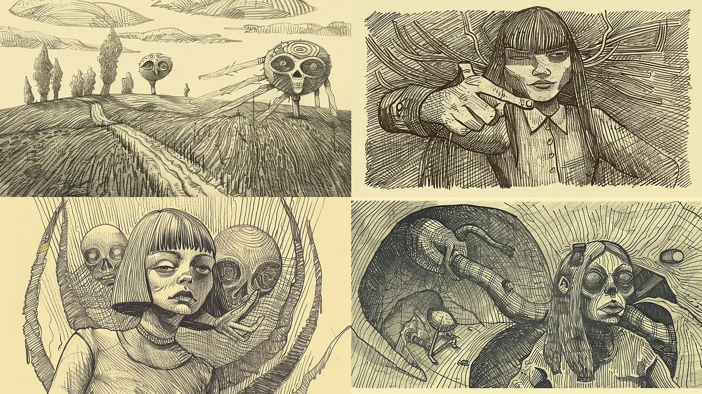 Ethereal Crosshatch Dreamscape: A Unified Vision of Whimsy and Disquiet - Midjourney sref style