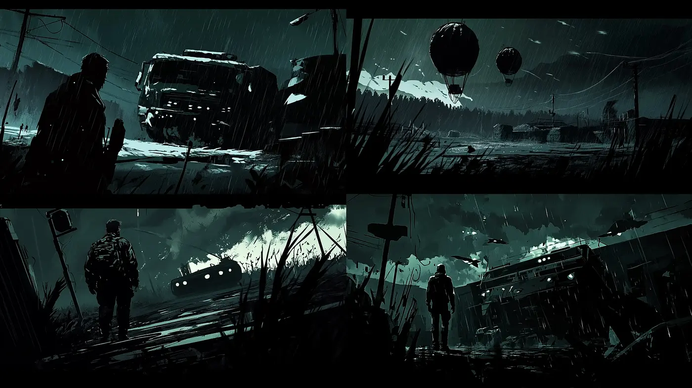 Nocturnal Deluge: A Fusion of Bleakness and Motion in Monochromatic Hues - Midjourney sref style