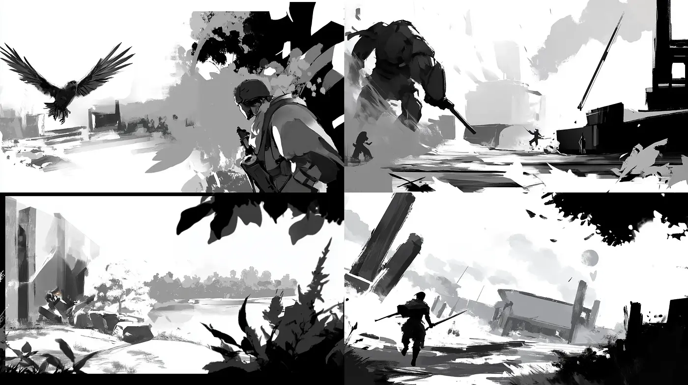 Monochromatic Shadows of Conflict: A Study in Grayscale Dynamics - Midjourney sref style