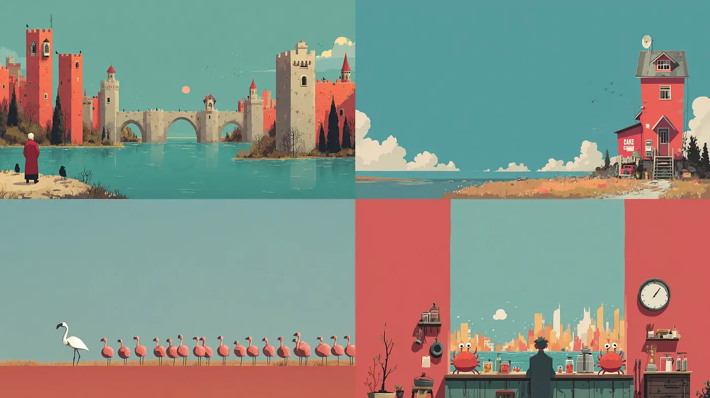 Charming and Minimalist Illustrative Landscape with Playful Elements - Midjourney sref style