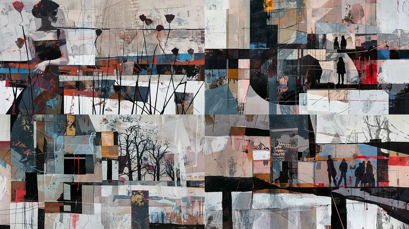 Fragmented Narrative Collage: A Harmonious Blend of Geometric Abstraction and Figurative Storytelling - Midjourney sref style