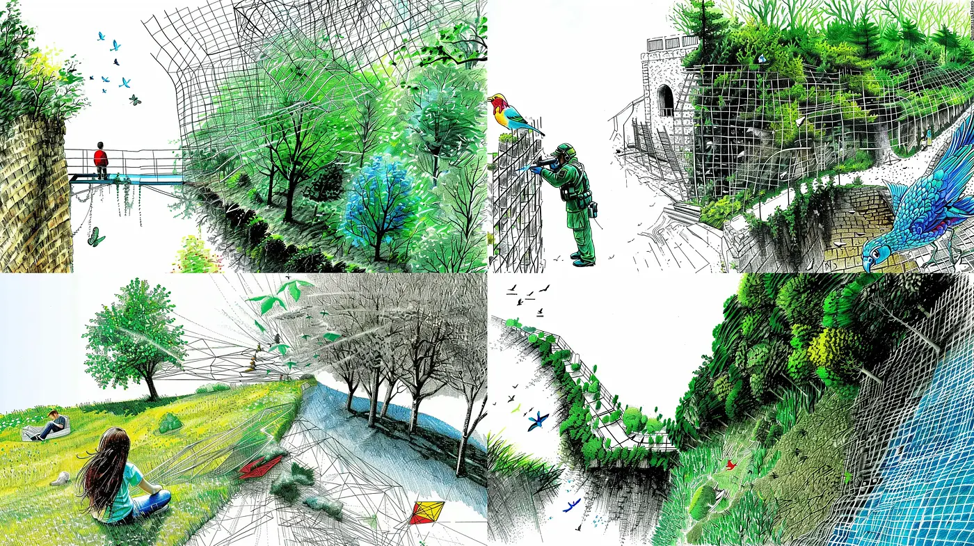 Vibrant Crosshatching Dreamscape Fusion - Midjourney sref style